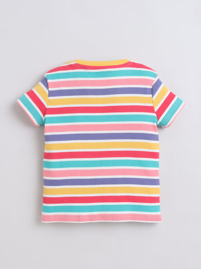 Baby Nation Cotton Knit Half Sleeves Rainbow Striped T-Shirt - Multi Color