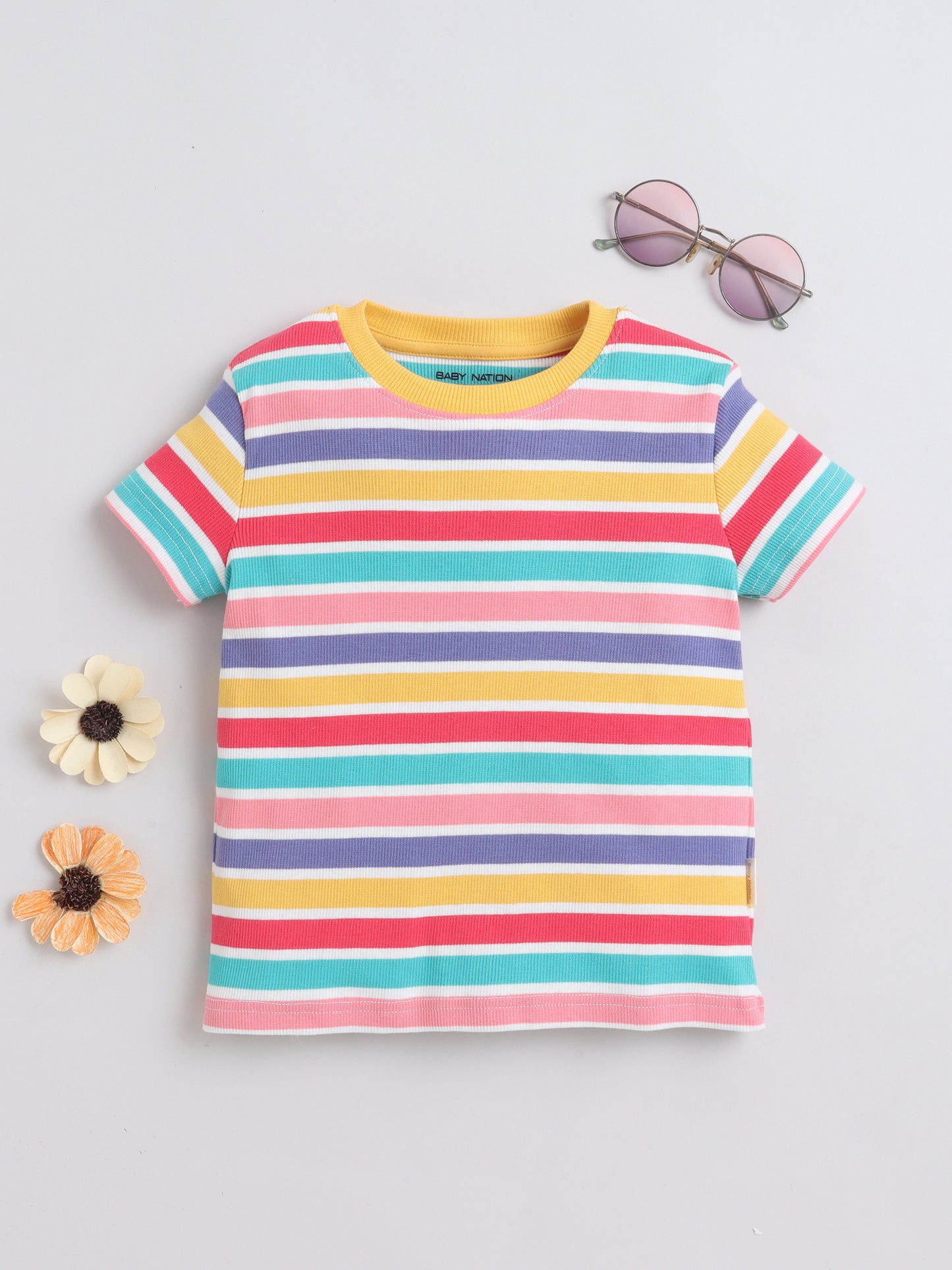 Baby Nation Cotton Knit Half Sleeves Rainbow Striped T-Shirt - Multi Color