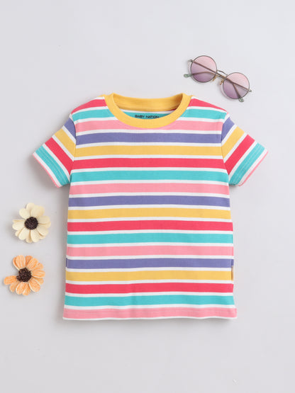 Baby Nation Cotton Knit Half Sleeves Rainbow Striped T-Shirt - Multi Color