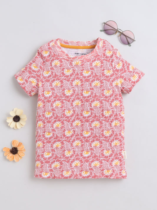 Baby Nation Cotton Knit Half Sleeves Flower Printed T-Shirt - Pink