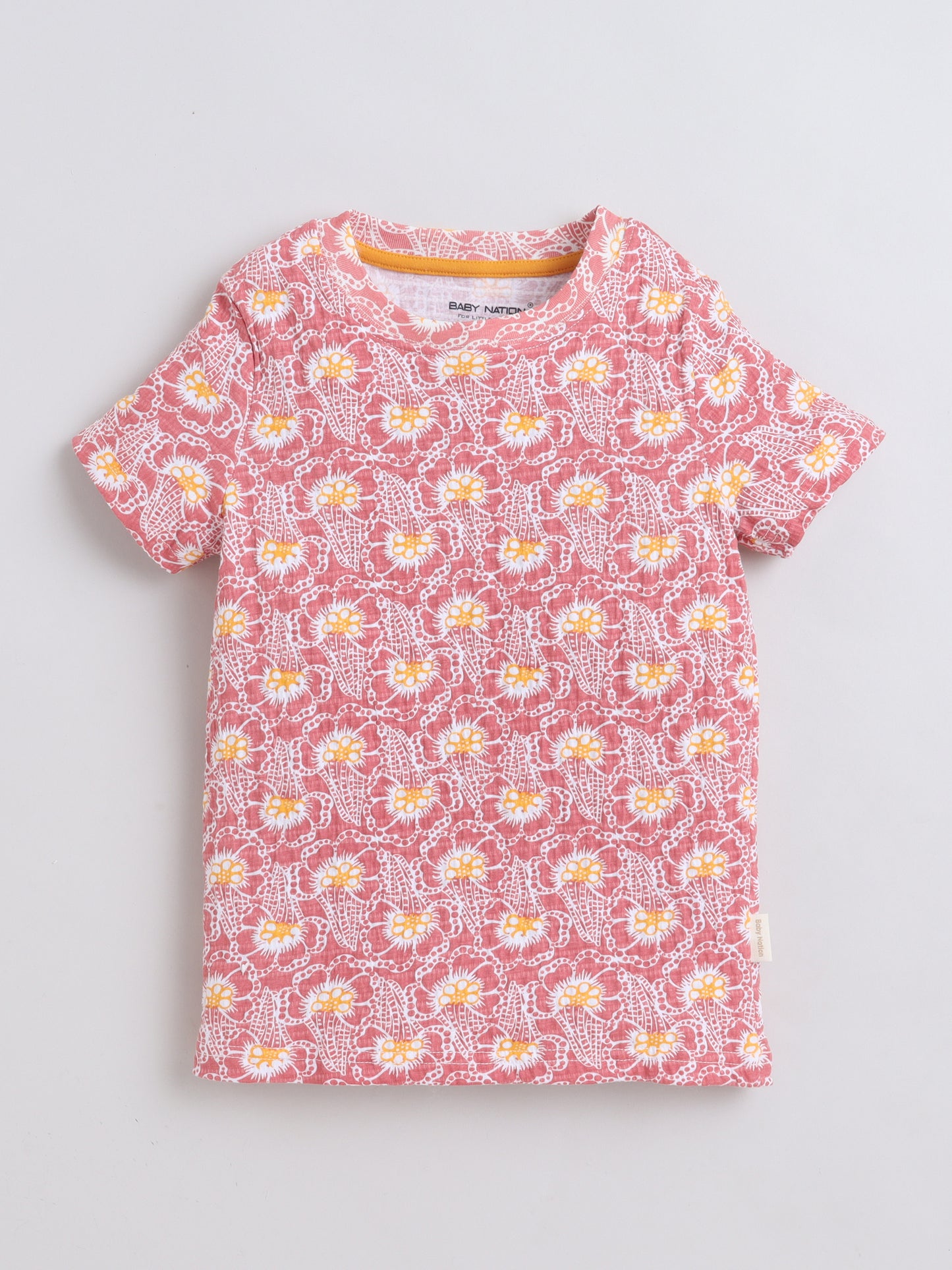 Baby Nation Cotton Knit Half Sleeves Flower Printed T-Shirt - Pink
