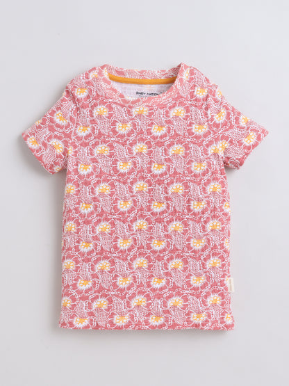 Baby Nation Cotton Knit Half Sleeves Flower Printed T-Shirt - Pink
