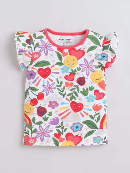 Girls Frill Sleeve T-Shirt - White Heart