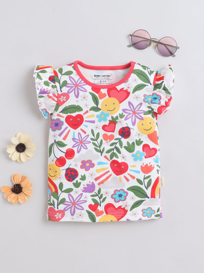 Girls Frill Sleeve T-Shirt - White Heart