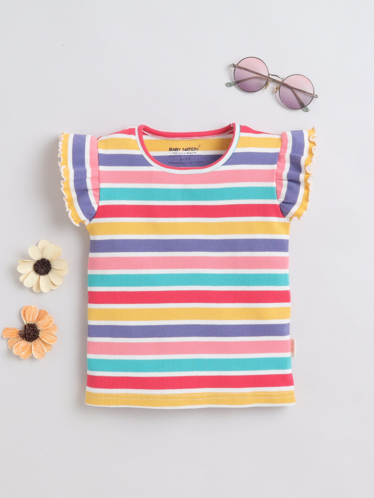 Girls Frill Sleeve T-Shirt - Rainbow