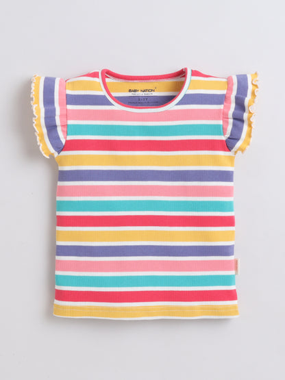 Girls Frill Sleeve T-Shirt - Rainbow