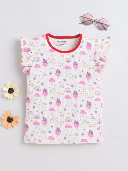 Girls Frill Sleeve T-Shirt - Ice Cream AOP