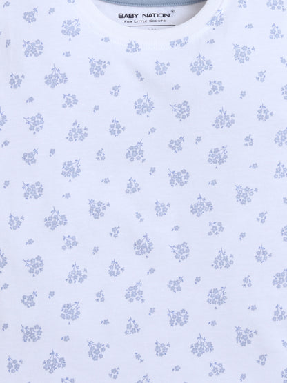 Baby Nation Cotton Knit Half Sleeve Coord Short Set -White Flower