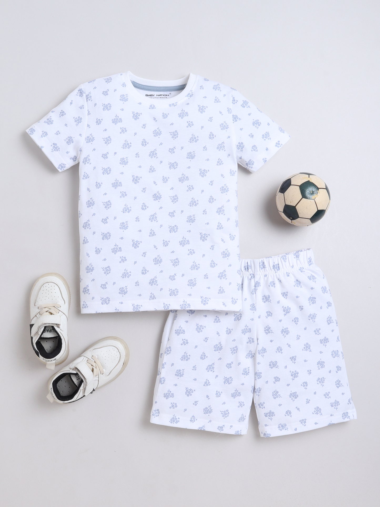 Baby Nation Cotton Knit Half Sleeve Coord Short Set -White Flower