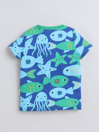 Baby Nation Cotton Knit Half Sleeves Fish Printed T-Shirt - Blue