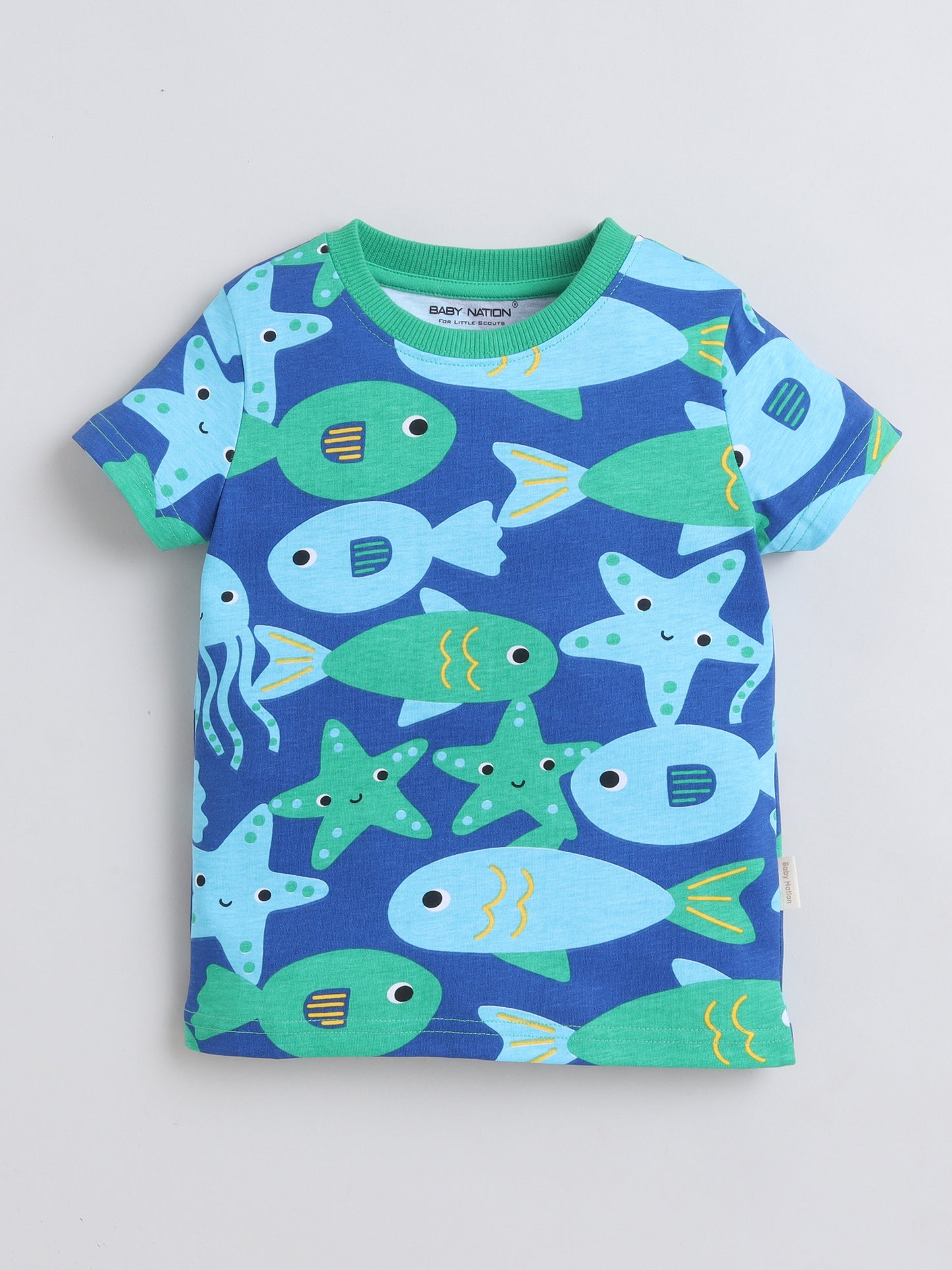 Baby Nation Cotton Knit Half Sleeves Fish Printed T-Shirt - Blue