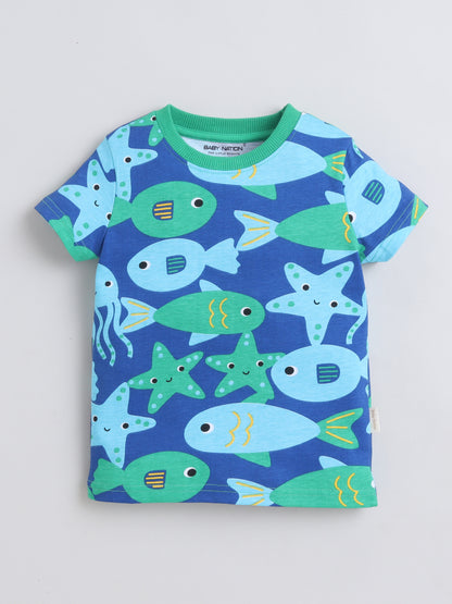 Baby Nation Cotton Knit Half Sleeves Fish Printed T-Shirt - Blue