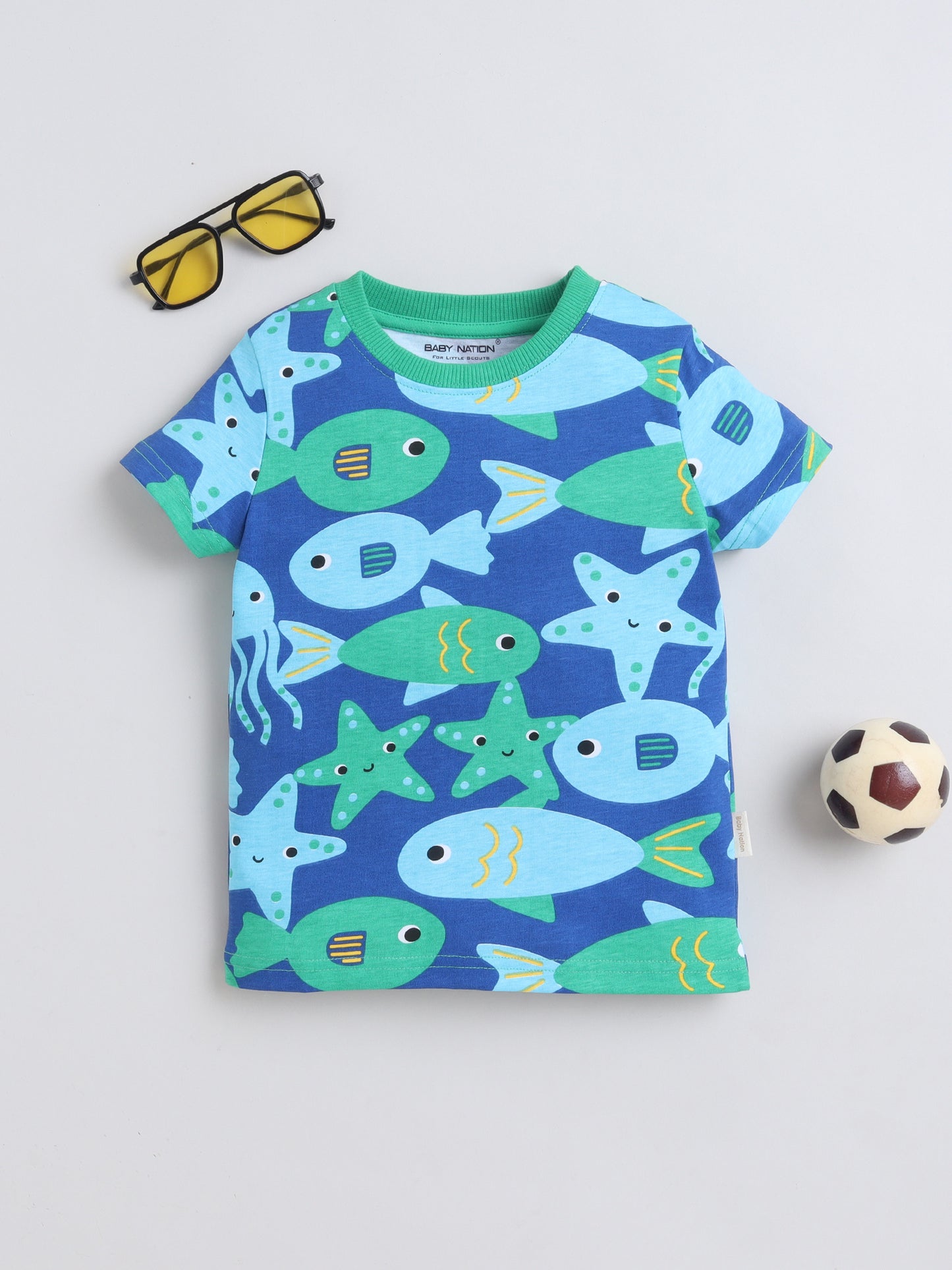 Baby Nation Cotton Knit Half Sleeves Fish Printed T-Shirt - Blue