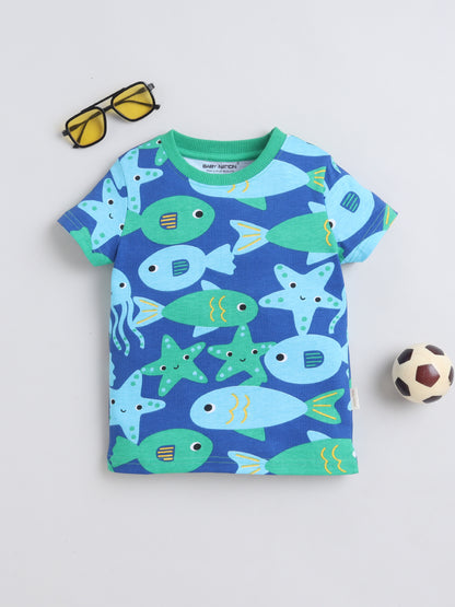 Baby Nation Cotton Knit Half Sleeves Fish Printed T-Shirt - Blue