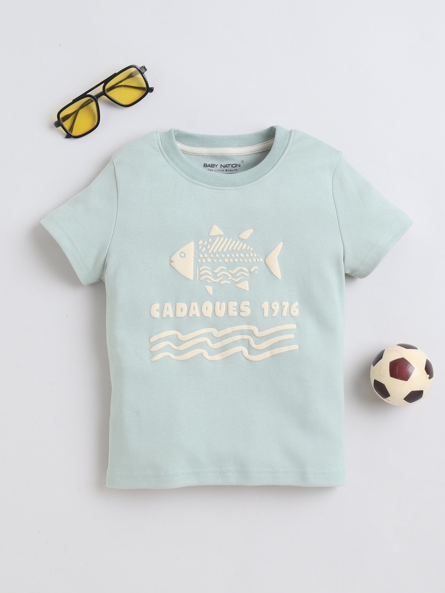 Baby Nation Cotton Knit Half Sleeves Fish Printed T-Shirt - Light green