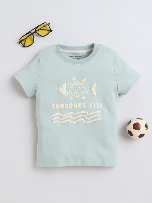 Baby Nation Cotton Knit Half Sleeves Fish Printed T-Shirt - Light green