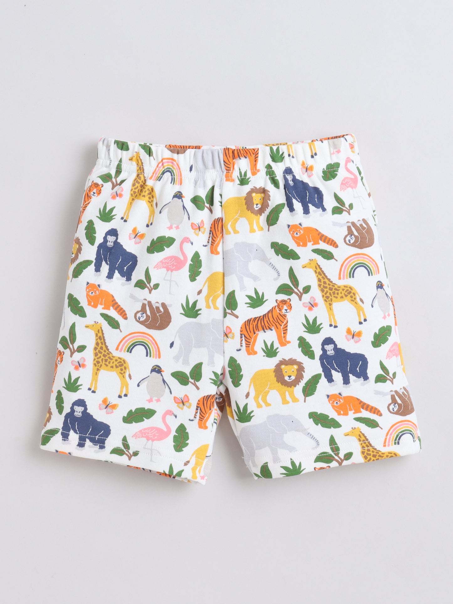 Baby Nation Cotton Knit Half Sleeves Wild Animals Printed Coordinating Shorts Set - White