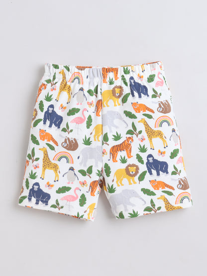 Baby Nation Cotton Knit Half Sleeves Wild Animals Printed Coordinating Shorts Set - White