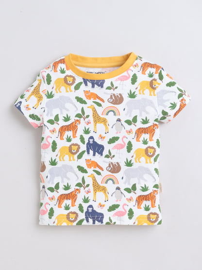 Baby Nation Cotton Knit Half Sleeves Wild Animals Printed Coordinating Shorts Set - White