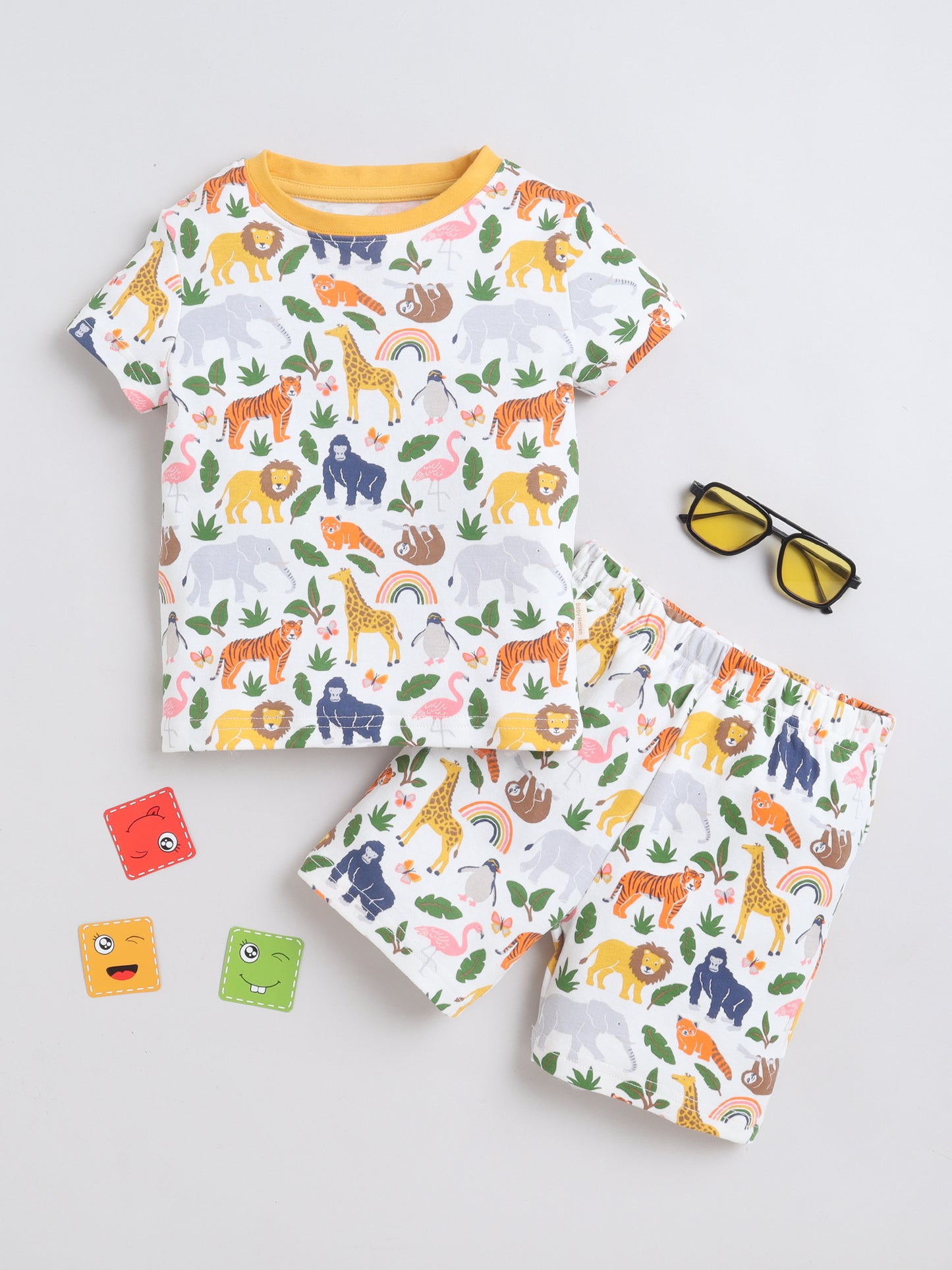 Baby Nation Cotton Knit Half Sleeves Wild Animals Printed Coordinating Shorts Set - White
