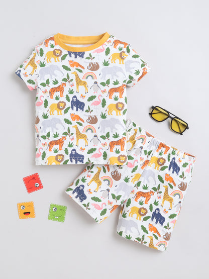 Baby Nation Cotton Knit Half Sleeves Wild Animals Printed Coordinating Shorts Set - White