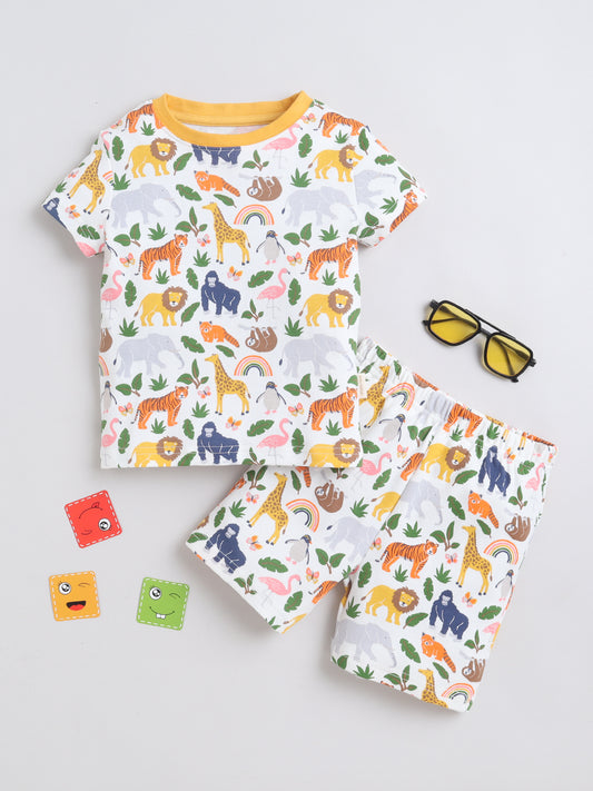 Baby Nation Cotton Knit Half Sleeves Wild Animals Printed Coordinating Shorts Set - White