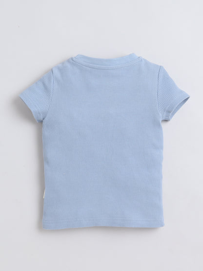 Baby Nation Cotton Knit Half Sleeves Blue Waffle Solid Coordinating Shorts Set - Blue
