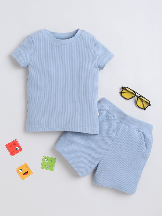 Baby Nation Cotton Knit Half Sleeves Blue Waffle Solid Coordinating Shorts Set - Blue