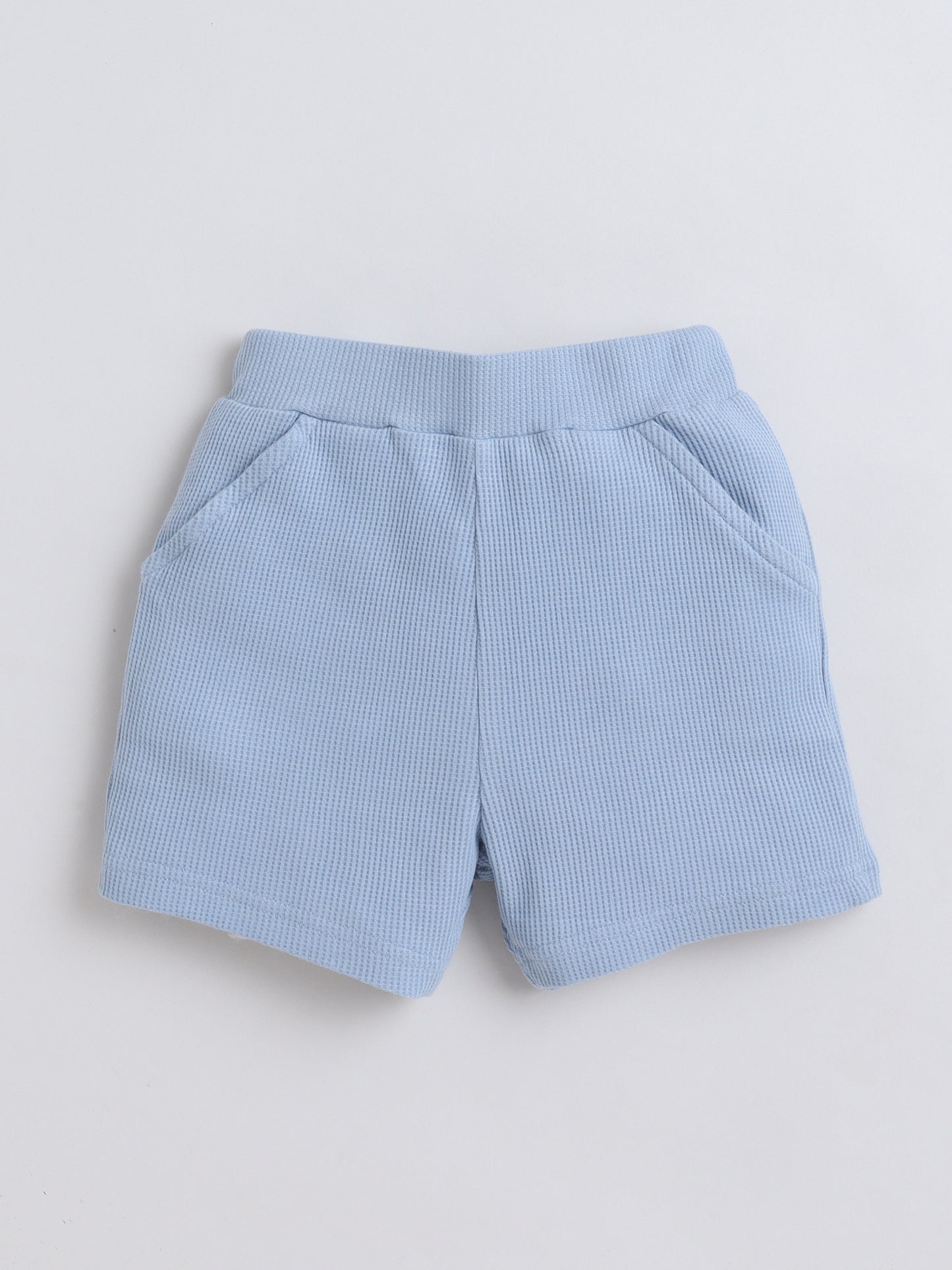 Baby Nation Cotton Knit Half Sleeves Blue Waffle Solid Coordinating Shorts Set - Blue
