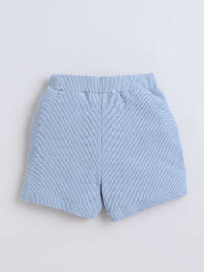 Baby Nation Cotton Knit Half Sleeves Blue Waffle Solid Coordinating Shorts Set - Blue