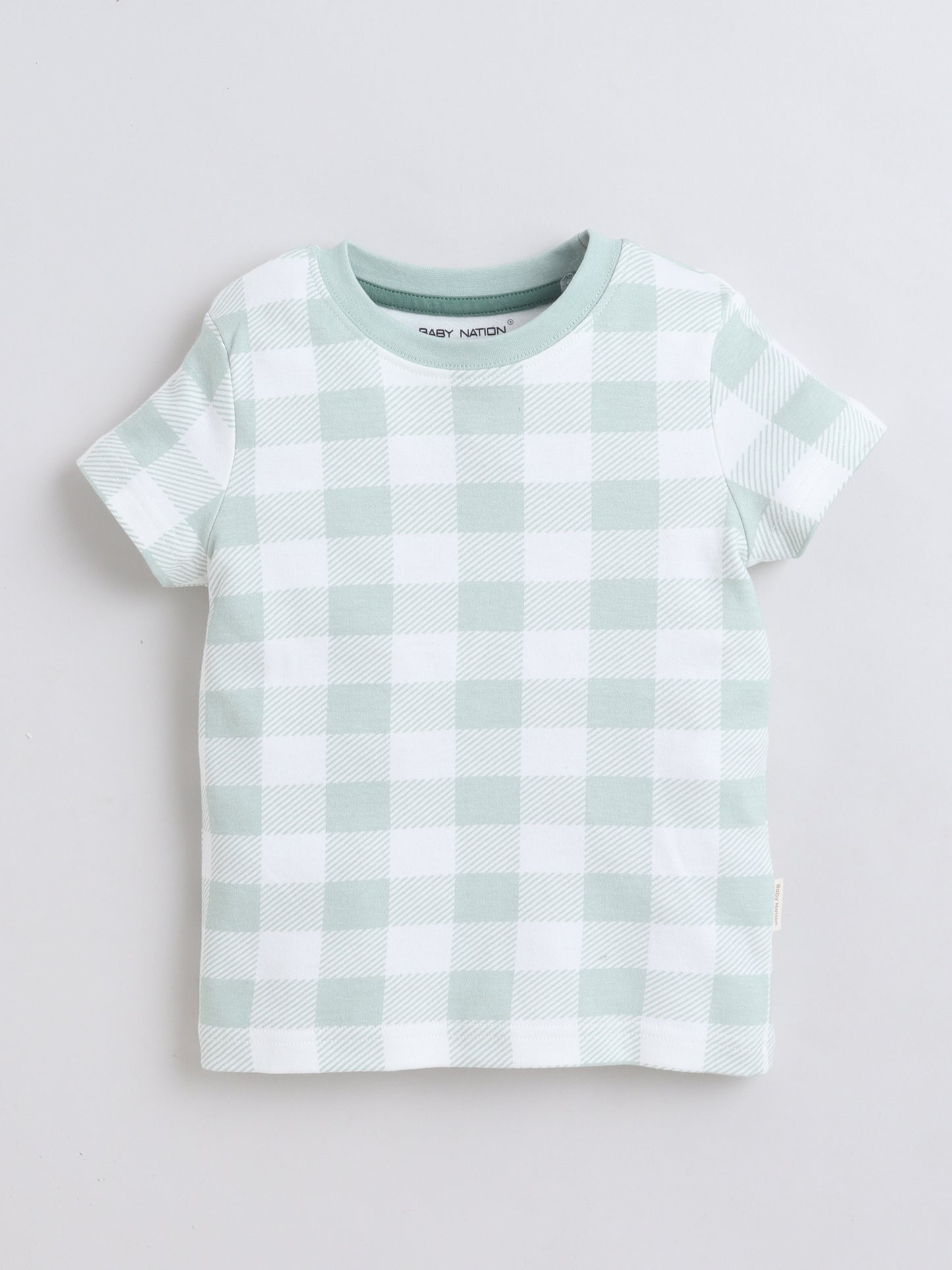 Baby Nation Cotton Knit Half Sleeves Checks Printed Coordinating Shorts Set - Light Grey