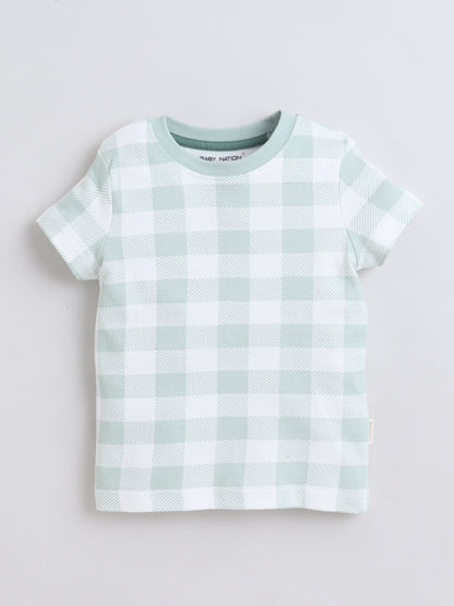 Baby Nation Cotton Knit Half Sleeves Checks Printed Coordinating Shorts Set - Light Grey