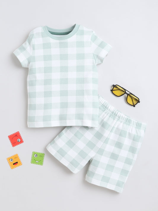 Baby Nation Cotton Knit Half Sleeves Checks Printed Coordinating Shorts Set - Light Grey