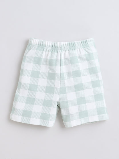 Baby Nation Cotton Knit Half Sleeves Checks Printed Coordinating Shorts Set - Light Grey