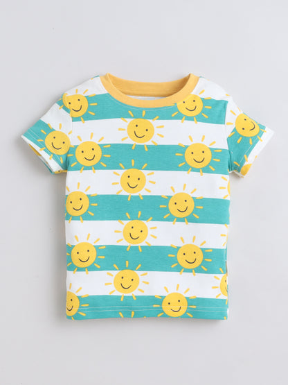 Baby Nation Cotton Knit Half Sleeves Sun Printed Coordinating Shorts Set - Green