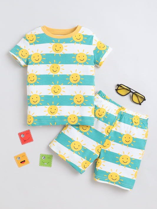 Baby Nation Cotton Knit Half Sleeves Sun Printed Coordinating Shorts Set - Green