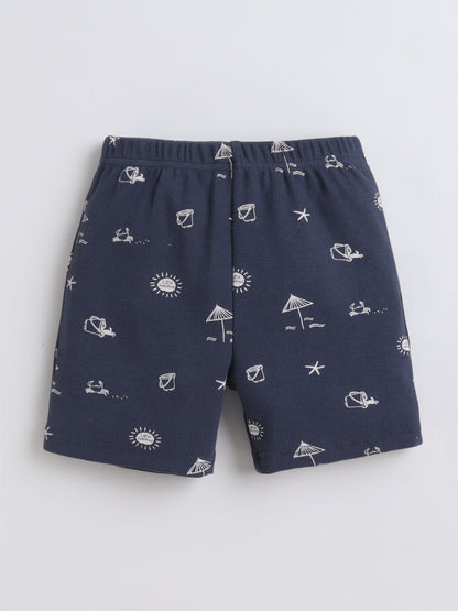 Baby Nation Cotton Knit Half Sleeves Beach Theme Printed Coordinating Shorts Set - Navy