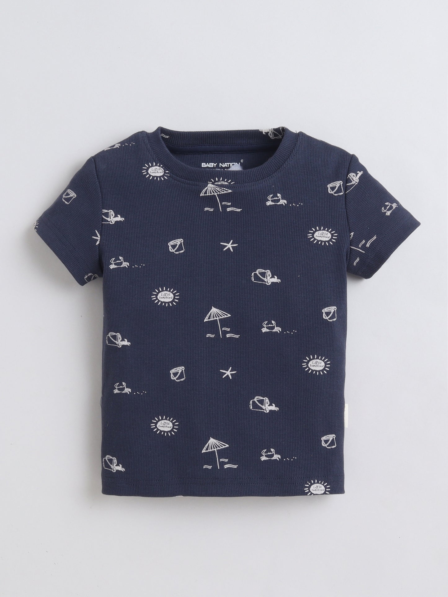 Baby Nation Cotton Knit Half Sleeves Beach Theme Printed Coordinating Shorts Set - Navy