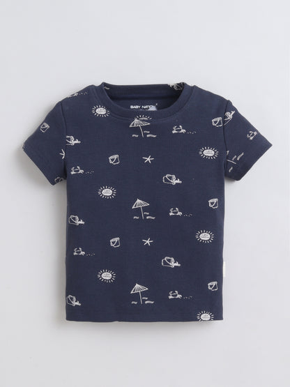 Baby Nation Cotton Knit Half Sleeves Beach Theme Printed Coordinating Shorts Set - Navy