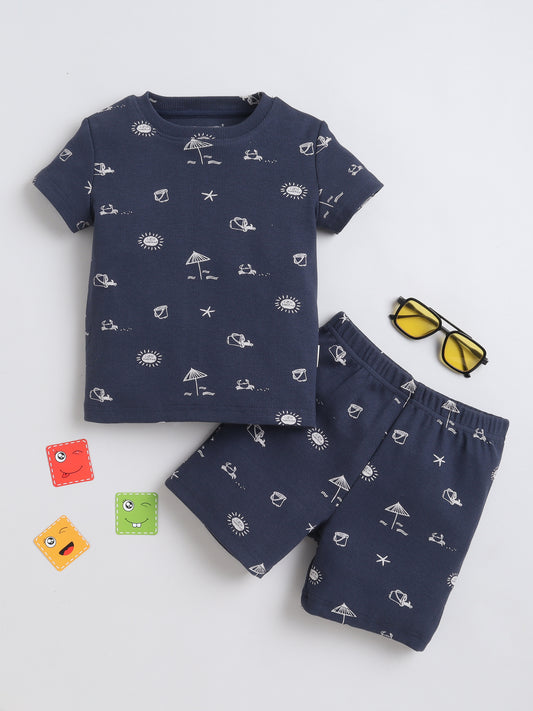 Baby Nation Cotton Knit Half Sleeves Beach Theme Printed Coordinating Shorts Set - Navy