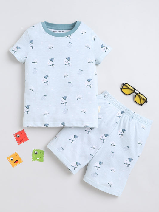 Baby Nation Cotton Knit Half Sleeves Baby Rat Printed Coordinating Shorts Set - Light Green