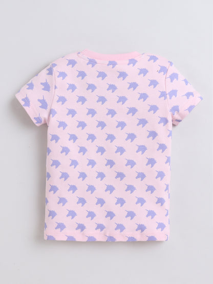 Baby Nation Cotton Knit Half Sleeves Unicorn Printed Coordinating Shorts Set - Baby Pink