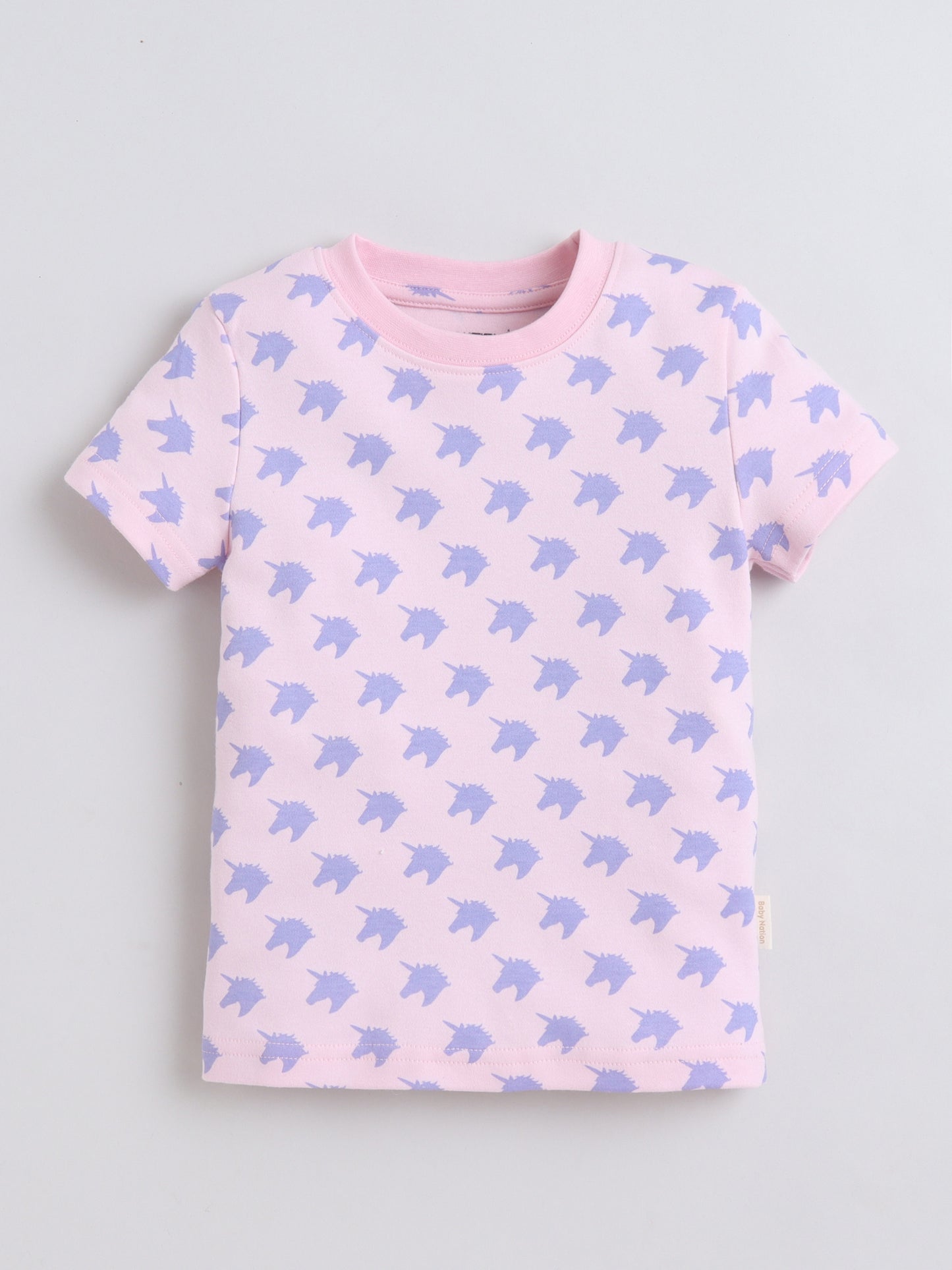Baby Nation Cotton Knit Half Sleeves Unicorn Printed Coordinating Shorts Set - Baby Pink