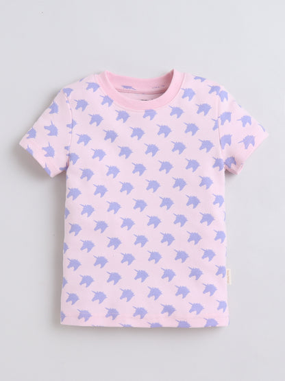 Baby Nation Cotton Knit Half Sleeves Unicorn Printed Coordinating Shorts Set - Baby Pink