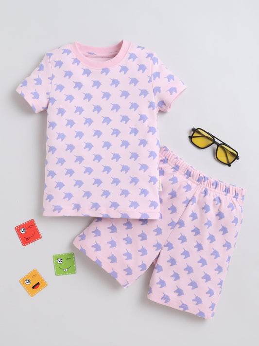 Baby Nation Cotton Knit Half Sleeves Unicorn Printed Coordinating Shorts Set - Baby Pink