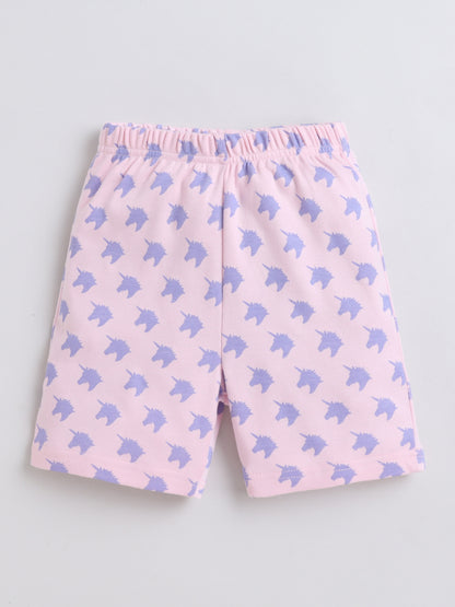 Baby Nation Cotton Knit Half Sleeves Unicorn Printed Coordinating Shorts Set - Baby Pink