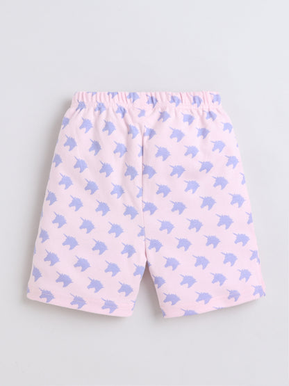 Baby Nation Cotton Knit Half Sleeves Unicorn Printed Coordinating Shorts Set - Baby Pink