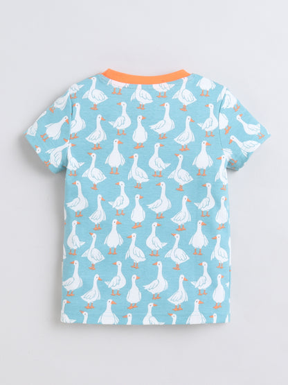 BABY NATION Cotton Knit Half Sleeves Duck Printed Coordinating Shorts Set - Blue