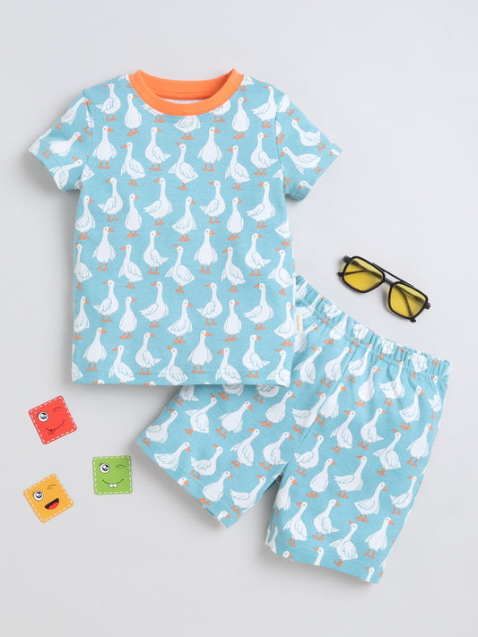 BABY NATION Cotton Knit Half Sleeves Duck Printed Coordinating Shorts Set - Blue