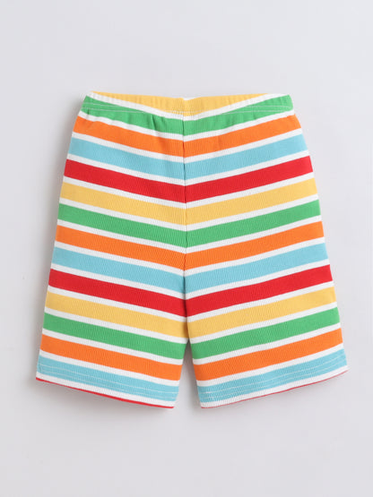 Baby Nation Cotton Knit Half Sleeves Rainbow Striped Coordinating Shorts Set - Multi Color